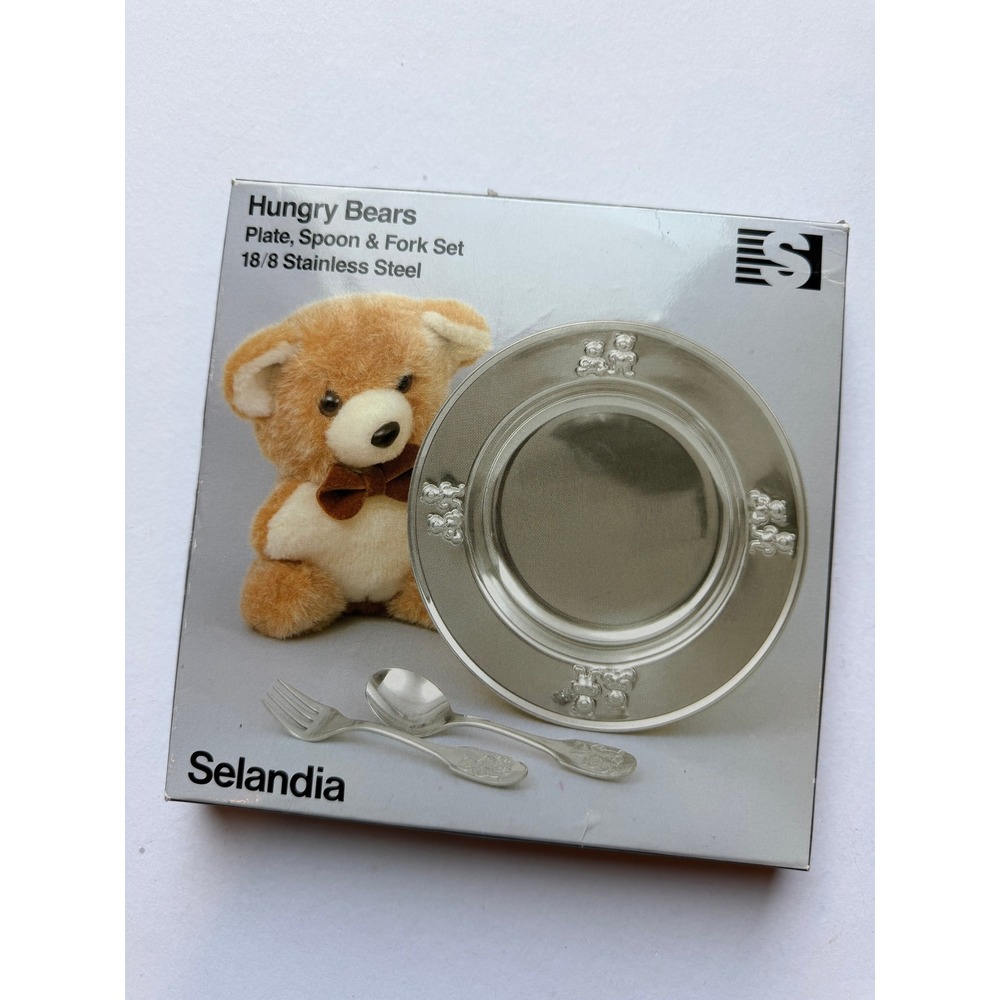 VTG Selandia Hungry Bears Plate Spoon Fork Set Baby Gift Made in Japan New! - Picture 2 of 10